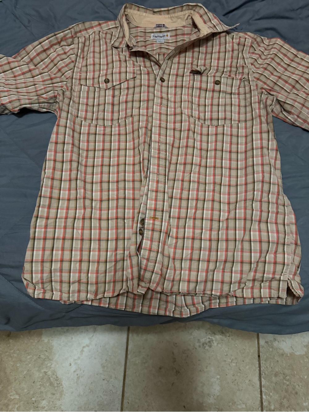 Carhartt Beige Plaid Short-Sleeve Shirt Jacket with Red Stripes